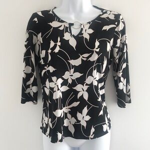 Laura Petites Black Floral 3/4 Sleeve with Silver Buckle Peek A Boo Blouse